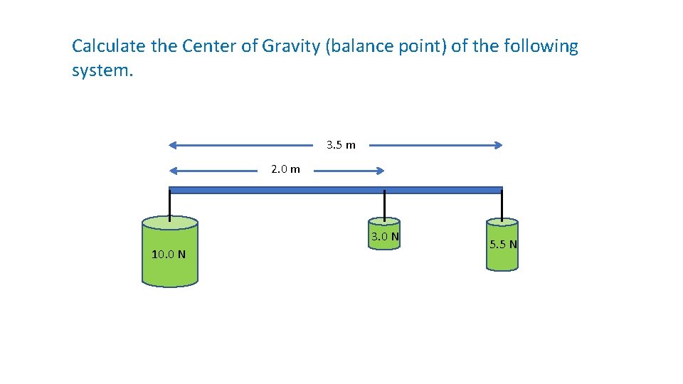 Calculate the Center of Gravity (balance point) of the following system. 3. 5 m