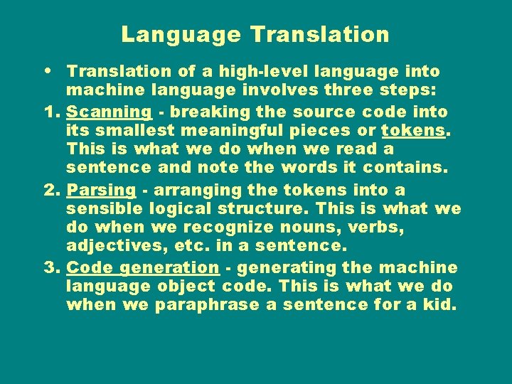 Language Translation • Translation of a high-level language into machine language involves three steps: