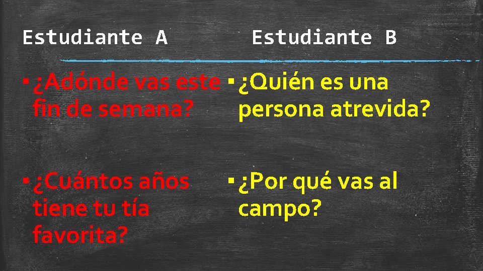 Estudiante A Estudiante B ▪ ¿Adónde vas este ▪ ¿Quién es una fin de