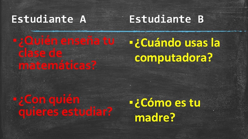 Estudiante A Estudiante B ▪ ¿Quién enseña tu clase de matemáticas? ▪ ¿Cuándo usas Estudiante A Estudiante B ▪ ¿Quién enseña tu clase de matemáticas? ▪ ¿Cuándo usas