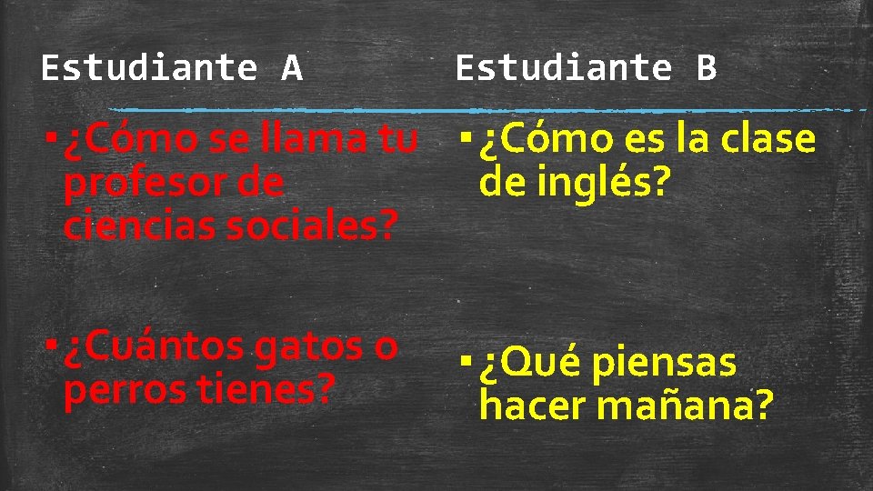 Estudiante A Estudiante B ▪ ¿Cómo se llama tu ▪ ¿Cómo es la clase Estudiante A Estudiante B ▪ ¿Cómo se llama tu ▪ ¿Cómo es la clase