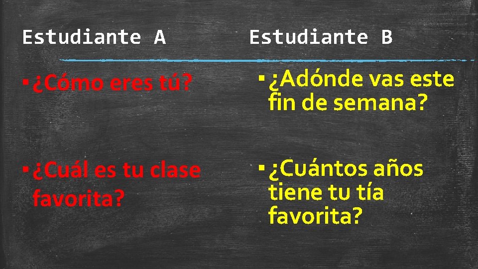 Estudiante A Estudiante B ▪ ¿Cómo eres tú? ▪ ¿Adónde vas este fin de