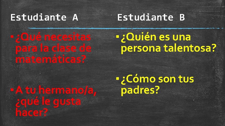 Estudiante A Estudiante B ▪ ¿Qué necesitas para la clase de matemáticas? ▪ ¿Quién