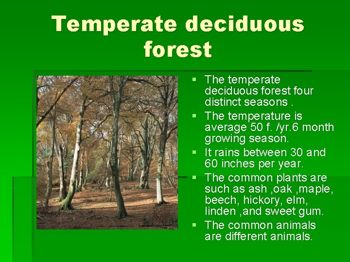 Temperate deciduous forest § The temperate deciduous forest four distinct seasons. § The temperature