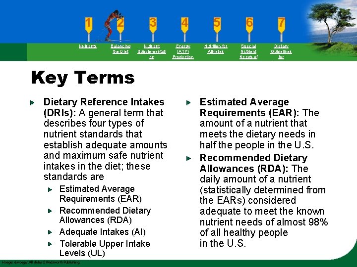 Nutrients Balancing the Diet Nutrient Supplementati on Key Terms Dietary Reference Intakes (DRIs): A