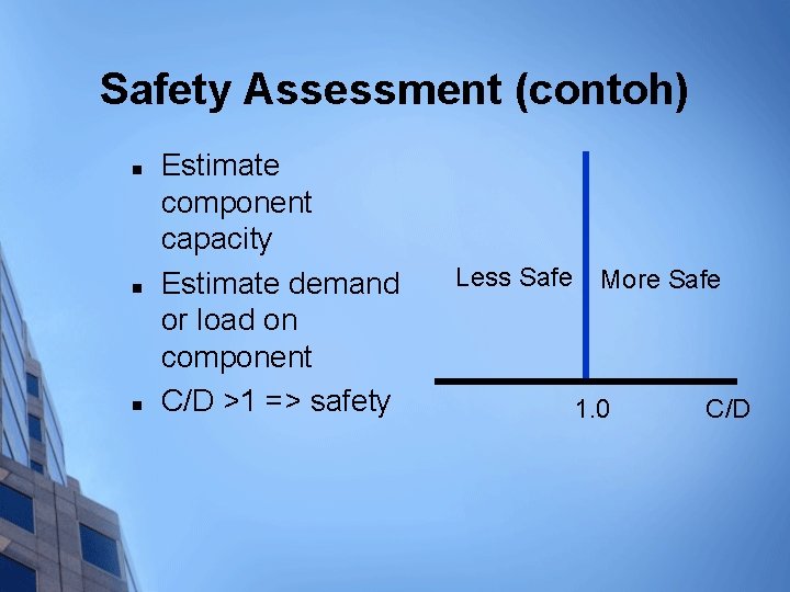 Safety Assessment (contoh) n n n Estimate component capacity Estimate demand or load on