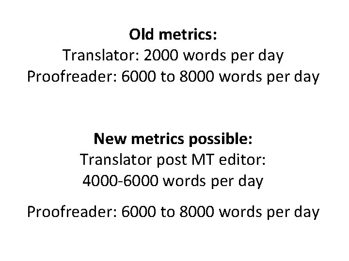Old metrics: Translator: 2000 words per day Proofreader: 6000 to 8000 words per day Old metrics: Translator: 2000 words per day Proofreader: 6000 to 8000 words per day