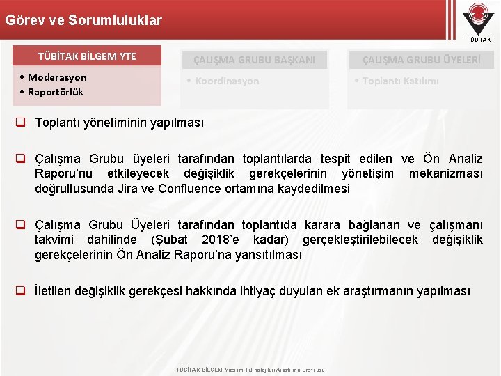 Görev ve Sorumluluklar TÜBİTAK BİLGEM YTE • Moderasyon • Raportörlük ÇALIŞMA GRUBU BAŞKANI •