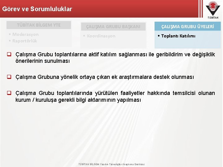 Görev ve Sorumluluklar TÜBİTAK BİLGEM YTE • Moderasyon • Raportörlük ÇALIŞMA GRUBU BAŞKANI •