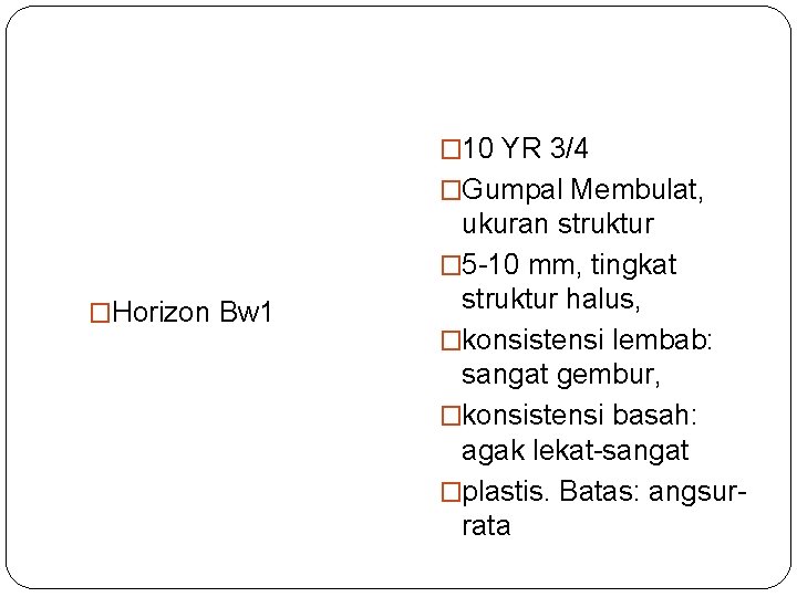 � 10 YR 3/4 �Gumpal Membulat, �Horizon Bw 1 ukuran struktur � 5 -10