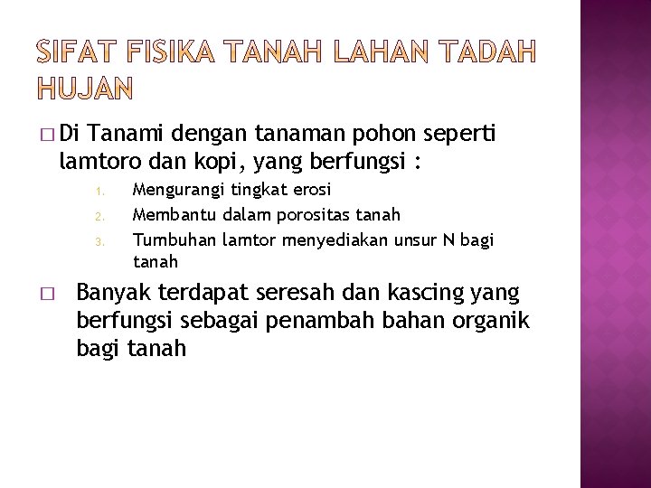 � Di Tanami dengan tanaman pohon seperti lamtoro dan kopi, yang berfungsi : 1.