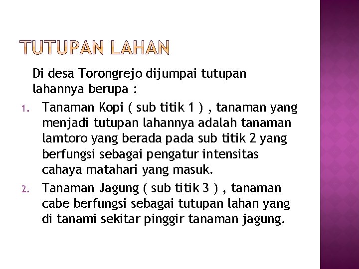 Di desa Torongrejo dijumpai tutupan lahannya berupa : 1. Tanaman Kopi ( sub titik