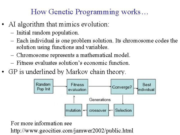 How Genetic Programming works… • AI algorithm that mimics evolution: – Initial random population.