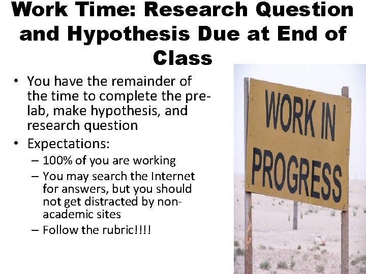 Work Time: Research Question and Hypothesis Due at End of Class • You have