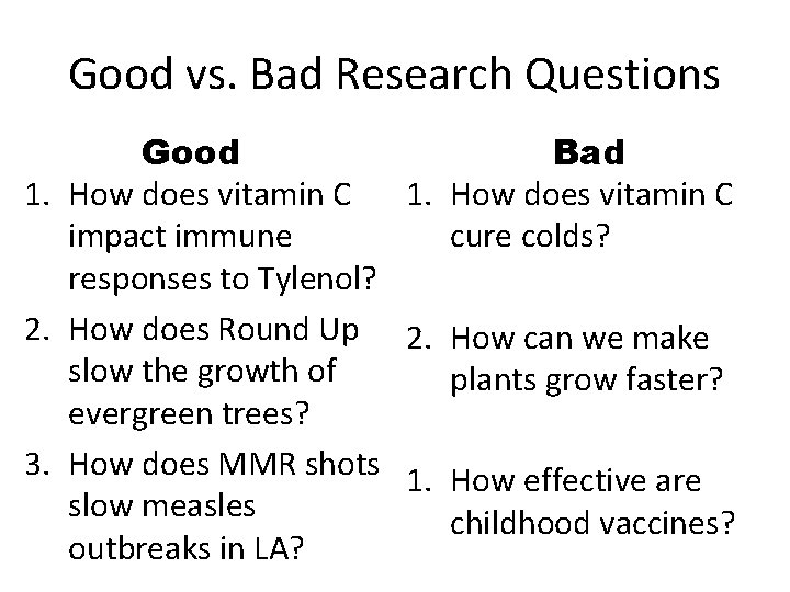 Good vs. Bad Research Questions Good Bad 1. How does vitamin C impact immune