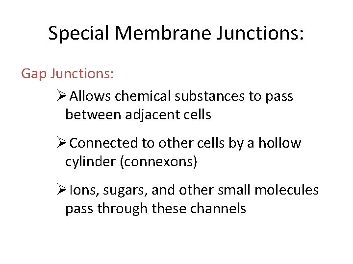 Special Membrane Junctions: Gap Junctions: ØAllows chemical substances to pass between adjacent cells ØConnected