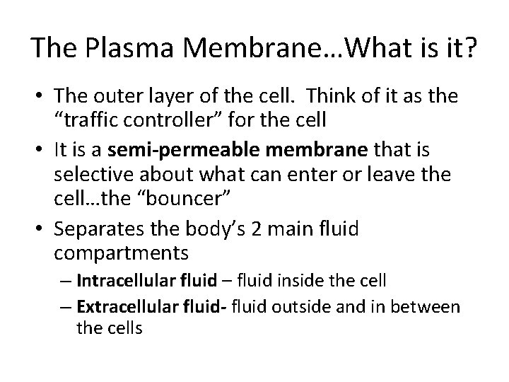 The Plasma Membrane…What is it? • The outer layer of the cell. Think of