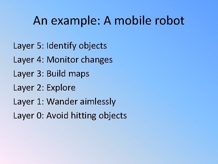 An example: A mobile robot Layer 5: Identify objects Layer 4: Monitor changes Layer