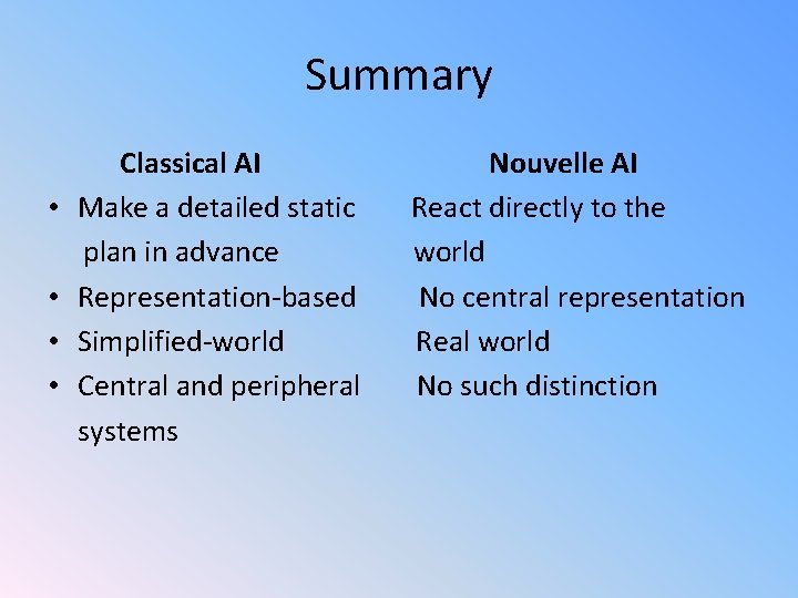 Summary • • Classical AI Make a detailed static plan in advance Representation-based Simplified-world