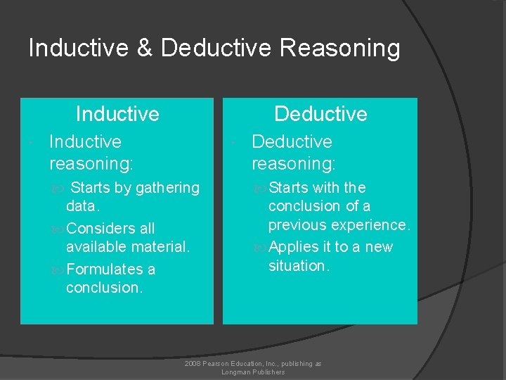 Inductive & Deductive Reasoning Inductive Deductive Inductive reasoning: Deductive reasoning: Starts by gathering Starts