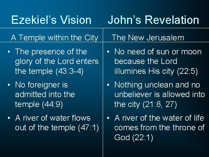Ezekiel’s Vision A Temple within the City John’s Revelation The New Jerusalem • The