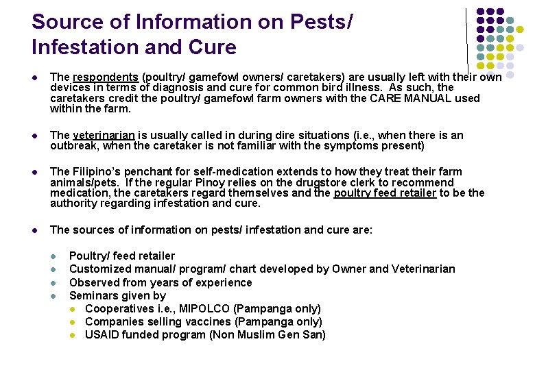 Source of Information on Pests/ Infestation and Cure l The respondents (poultry/ gamefowl owners/
