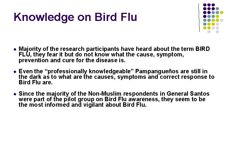 Knowledge on Bird Flu l Majority of the research participants have heard about the