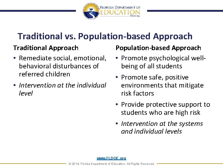 Traditional vs. Population-based Approach Traditional Approach Population-based Approach • Remediate social, emotional, • Promote