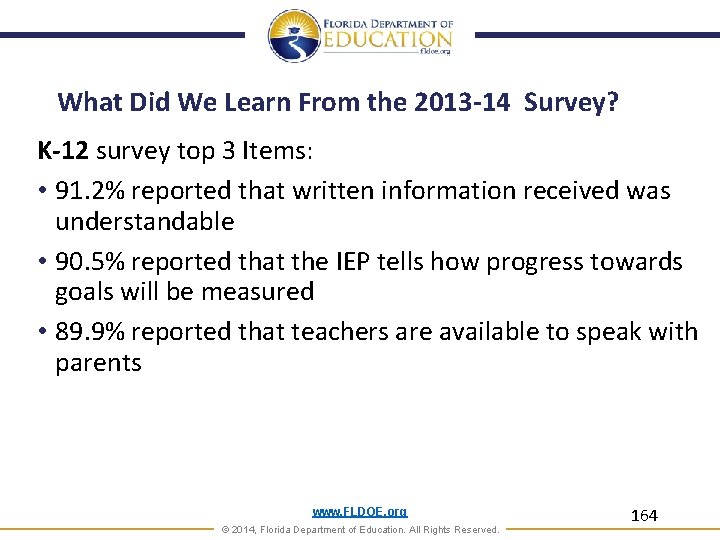 What Did We Learn From the 2013 -14 Survey? K-12 survey top 3 Items: