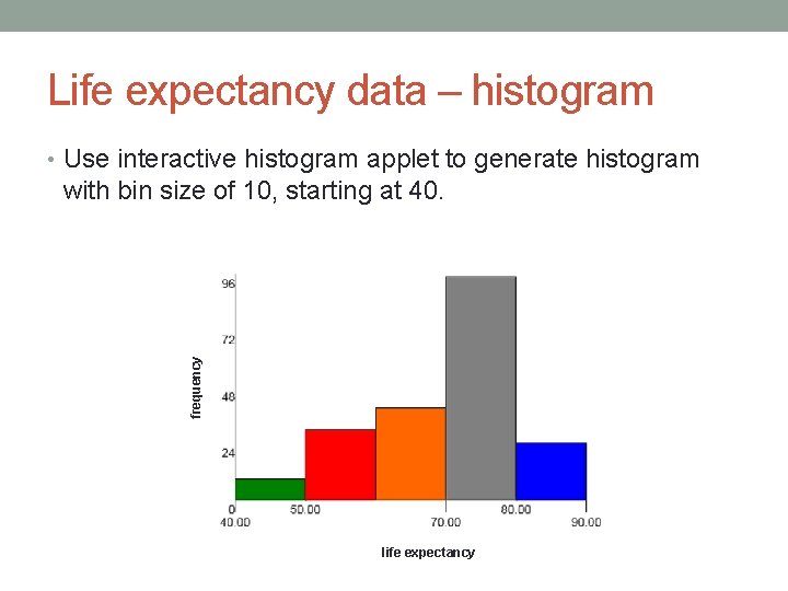 Life expectancy data – histogram • Use interactive histogram applet to generate histogram frequency Life expectancy data – histogram • Use interactive histogram applet to generate histogram frequency