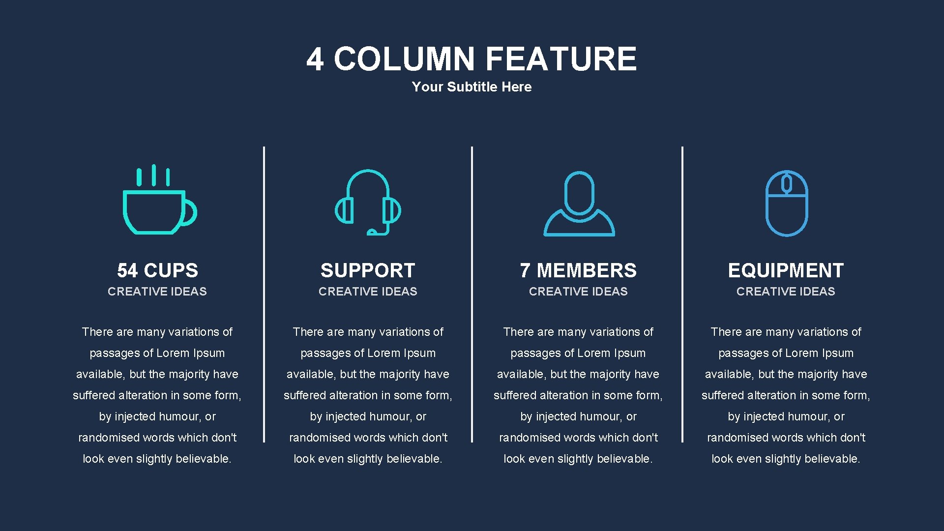 4 COLUMN FEATURE Your Subtitle Here 54 CUPS SUPPORT 7 MEMBERS EQUIPMENT CREATIVE IDEAS
