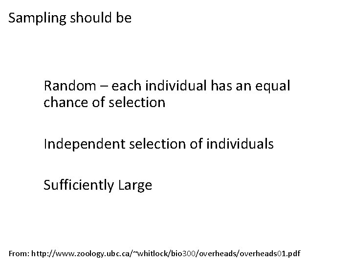 Sampling should be Random – each individual has an equal chance of selection Independent
