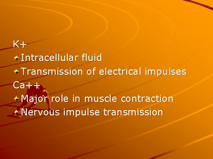 K+ Intracellular fluid Transmission of electrical impulses Ca++ Major role in muscle contraction Nervous