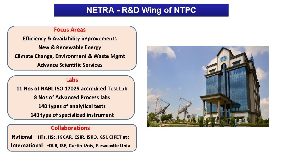 NETRA - R&D Wing of NTPC Focus Areas Efficiency & Availability improvements New &