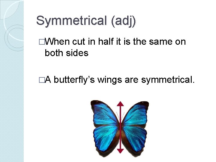 Symmetrical (adj) �When cut in half it is the same on both sides �A