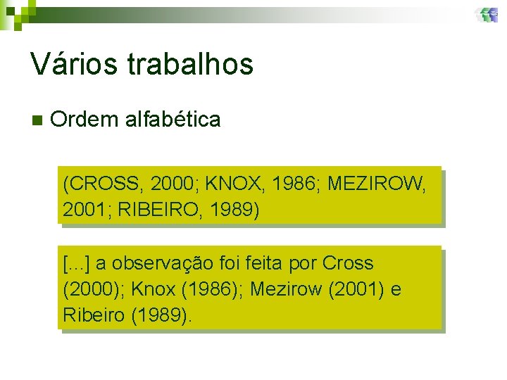 Vários trabalhos n Ordem alfabética (CROSS, 2000; KNOX, 1986; MEZIROW, 2001; RIBEIRO, 1989) [.
