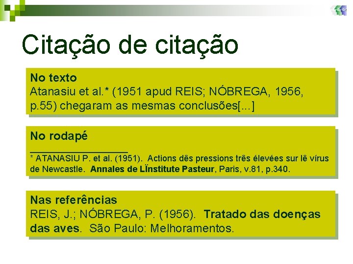 Citação de citação No texto Atanasiu et al. * (1951 apud REIS; NÓBREGA, 1956,