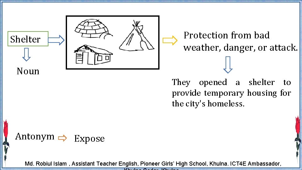 Protection from bad weather, danger, or attack. Shelter Noun They opened a shelter to