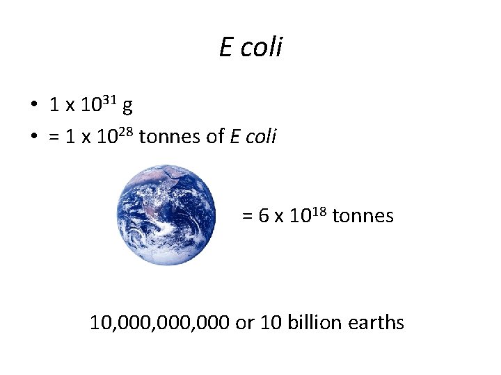 E coli • 1 x 1031 g • = 1 x 1028 tonnes of