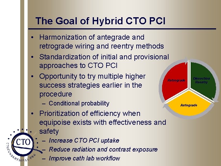 The Goal of Hybrid CTO PCI • Harmonization of antegrade and retrograde wiring and