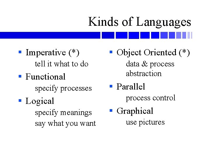 Kinds of Languages § Imperative (*) tell it what to do § Functional specify