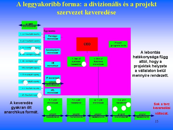 A leggyakoribb forma: a divizionális és a projekt szervezet keveredése A lebontás hatékonysága függ
