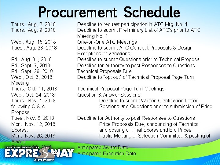 Procurement Schedule Thurs. , Aug. 2, 2018 Thurs. , Aug, 9, 2018 Wed. ,