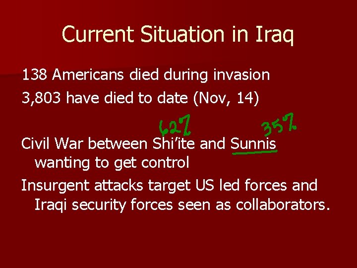 Current Situation in Iraq 138 Americans died during invasion 3, 803 have died to