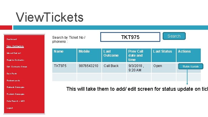 View. Tickets Dashboard Search TKT 975 Search by Ticket No / phoneno : View