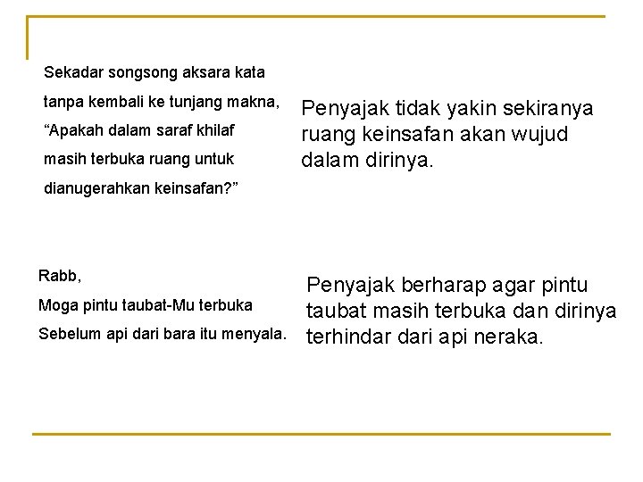 Sekadar song aksara kata tanpa kembali ke tunjang makna, “Apakah dalam saraf khilaf masih