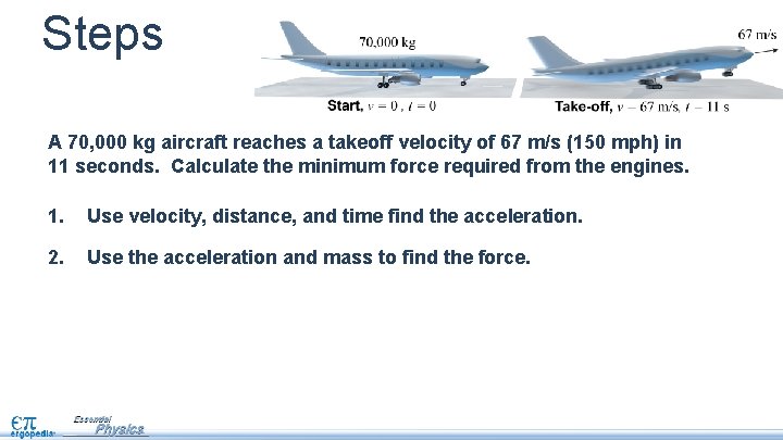 Steps A 70, 000 kg aircraft reaches a takeoff velocity of 67 m/s (150