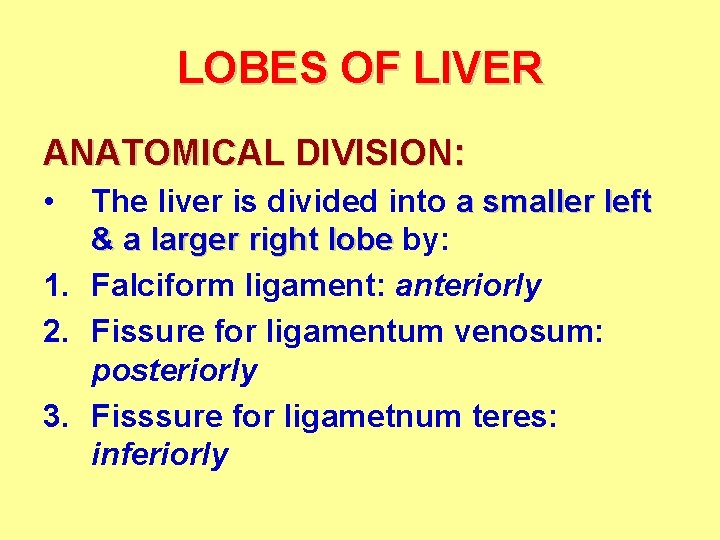 LOBES OF LIVER ANATOMICAL DIVISION: • The liver is divided into a smaller left