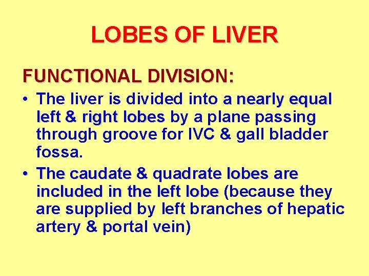 LOBES OF LIVER FUNCTIONAL DIVISION: • The liver is divided into a nearly equal