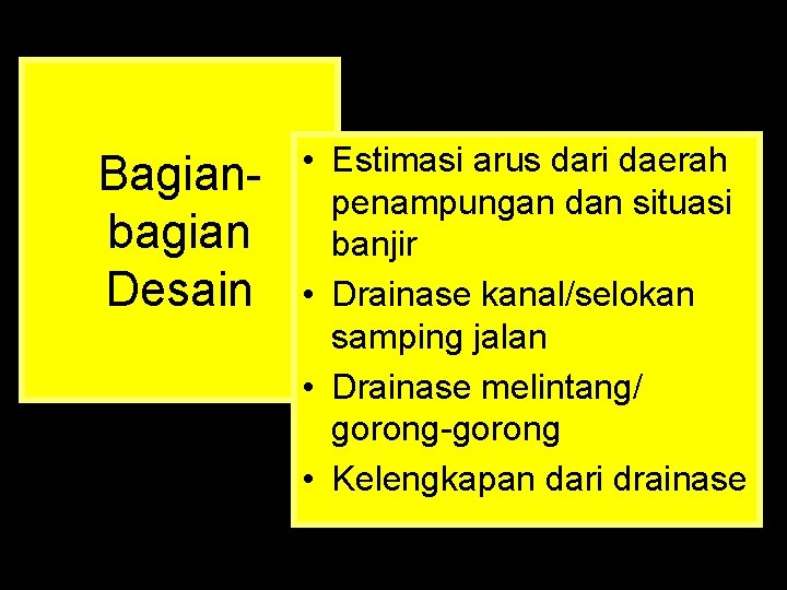 Bagianbagian Desain • Estimasi arus dari daerah penampungan dan situasi banjir • Drainase kanal/selokan